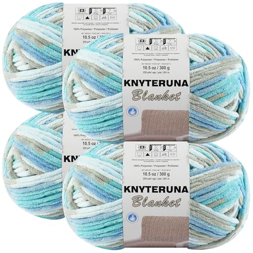 Image of #6 Super Bulky Blanket Yarn for Crocheting - 4 Skeins(Each 10.5oz /300g, 220yds /201m), Chunky Chenille Thick Plush Big Soft Yarn for Crocheting Knitting Blankets, Khaki & Teal & Blue