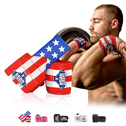 Bear Grips Wrist Wraps, Superior Wrist Wraps for Weightlifting Men & Women, Heavy Duty Lifting Wrist Wraps. Weight Lifting Wrist Wraps, Two Wrist Wrap Per Pair. 2-Band Strength, American Flag, 18"