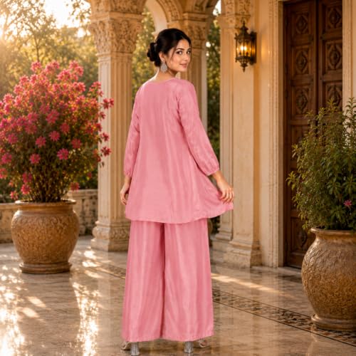 Image of Embroidered Sharara Set for Women | Roman Silk Short Kurta with Flared Sharara Pants | Designer Festive Ethnic Wear Suit Set for Weddings, Sangeet & Celebrations