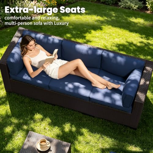 Image of 7 Piece Patio Furniture Set, Wicker Patio Conversation Sets, Outdoor Sectional Furniture with Tempered Glass Table, for Backyard, Deck, Garden, Dark Brown Rattan & Navy Blue Cushions