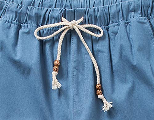 Sir7 Men's Linen Casual Lightweight Drawstrintg Elastic Waist Summer Beach Pants Denim Blue L #TOP2