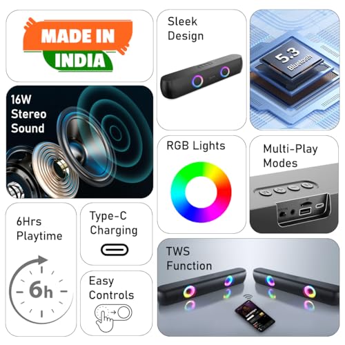Image of pTron Fusion Beam V2 16W Bluetooth Soundbar Speaker, Stereo Sound, RGB Lights, Metal Grill, Soundbar for Phone /TV /Laptop /Tablets, BT5.3 /Aux /TF Card /USB Playback & TWS Feature (Midnight)