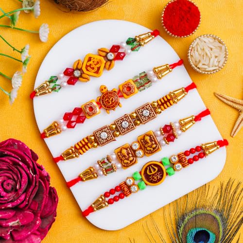 Image of Pride Store Traditional 10 Rakhiya Set, Decorative Thread Bracelets with Om and Ganesh Designs, Pearl and Crystal Beads, Red and Gold | Rakhiya For Family