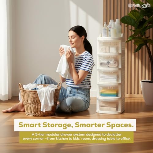 Image of PrettyKrafts 5 Tier Plastic Storage Drawer Cabinet with Wheels /Modular Storage Drawer Organizer with Side Basket & Integrated Handle /Plastic Storage Trolley Rack for Home /Kitchen /Office /Books