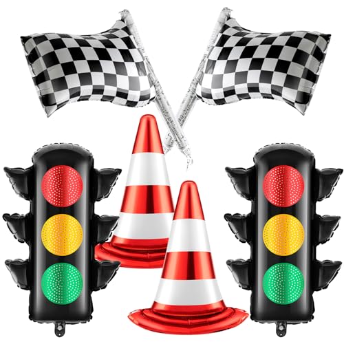 Charnoel 6 Pcs Race Car Birthday Party Decorations Set Traffic Light Balloons Traffic Cones White Checkered Foil Wheels Balloons for Race Car Transportation Baby Shower Racing Boy Birthday Supplies