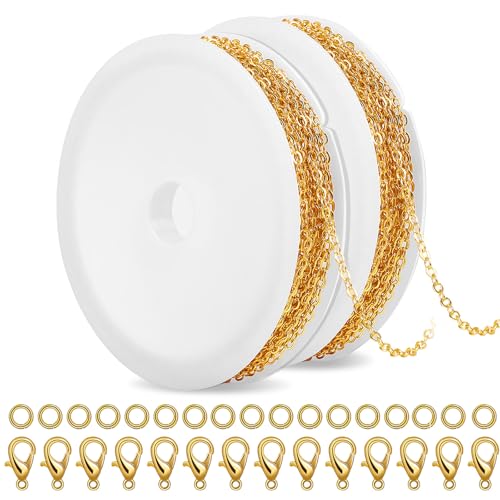 SANNIX 20 Feet Chains for Jewelry Making Necklace Chains with Lobster Clasps and Jump Rings 1.8 mm DIY Link Chain for Necklace Earring Bracelet Making Supplies Gold