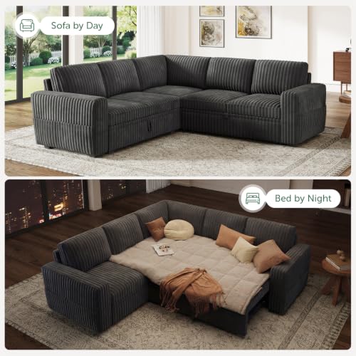 Image of HONBAY Modular Sectional Sleeper Sofa with Pull Out Bed,Corduroy L Shaped Couch with Storage, Sectional Couches for Living Room,Dark Grey