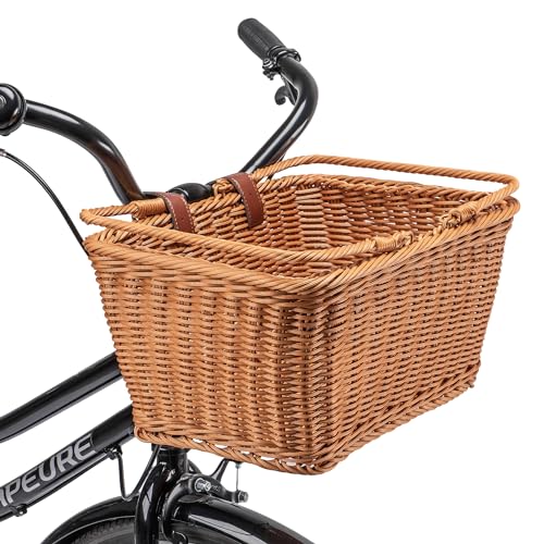 Bike Basket - Durable Front Bicycle Bike Baskets - Handmade Woven Wicker Bike Basket with Adjustable Leather Straps (New Brown)