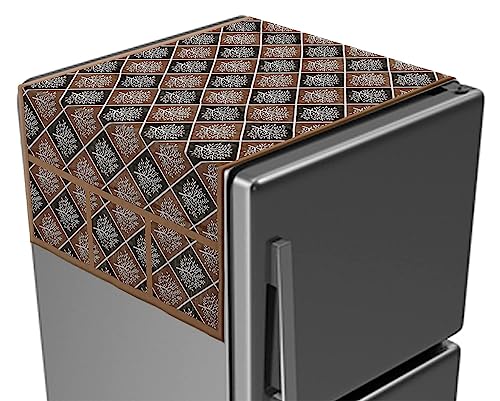 Image of Kuber Industries Floral Checks Print Fridge Cover With Side Pockets|Fridge Top Cover|Refrigerator Cover|Washable Cotton Material|6 Utility Pockets (Beige)