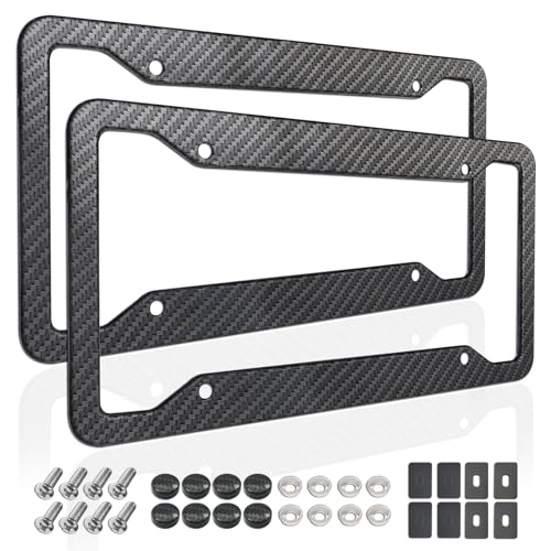 ZXFOOG Carbon Fiber License Plate Frames- 2 Pack Black Aluminum Front & Rear Auto Car Tag Holder, Heavy Duty Bracket with Mount Hardware, Screws Caps, Rattle Proof Pads (Carbon Pattern by ZXFOOG - Used condition - US$18.99
