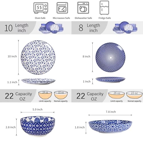 Image of Selamica Ceramic Plates and Bowls Sets,24 Pieces Dinnerware Sets for 6,Scratch Resistant Dish Set for holiday gathering, Dishwasher & Microwave Safe, Vintage Blue