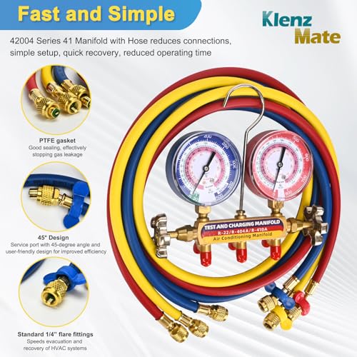 Image of 2026 Upgrade 42004 Test and Charging Manifold for R-22 /404A /410A, 60 inch Hoses | HVAC Manifold Set with 3-1 /8 inch (80 mm) Dual Gauges, 1 /4 inch Standard Flare Fitting, HVAC Color-Coded Gauges Set, 2-Valve