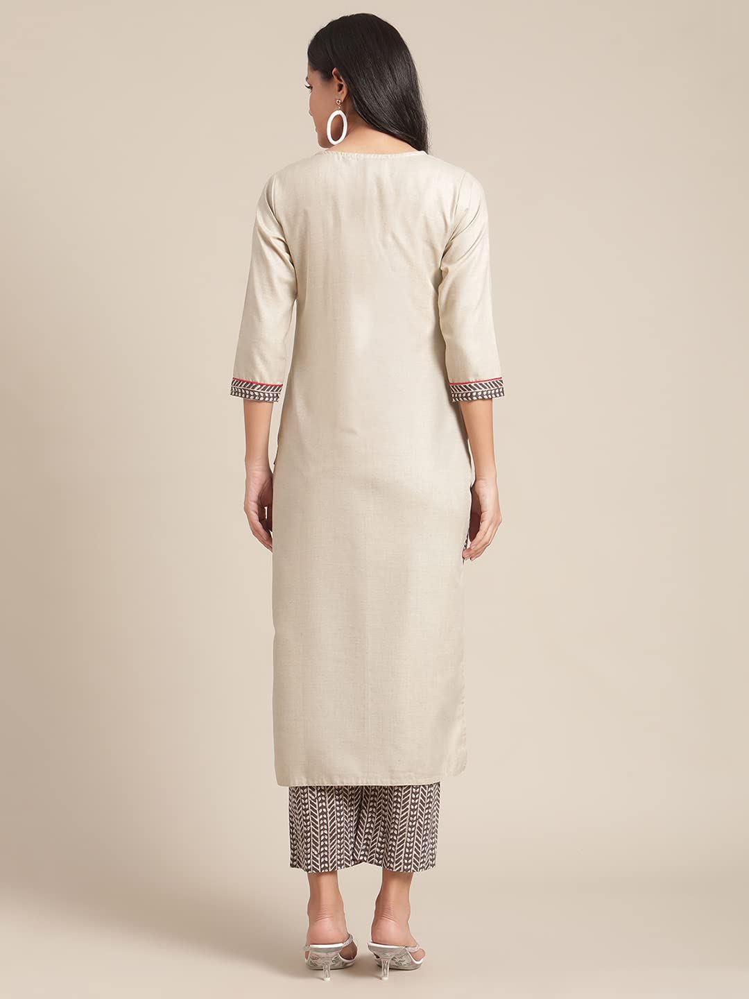 Varanga Women Beige And Charcoal Panel Printed Kurta With Printed Trouser.