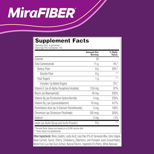 MiraLAX New MiraFIBER Gummies, 8g of Daily Prebiotic Fiber with B Vitamins to Support Digestive Health and Metabolism, Fruit Flavored Fiber Gummies, 72 Count, 18 Servings per Bottle - Image 6
