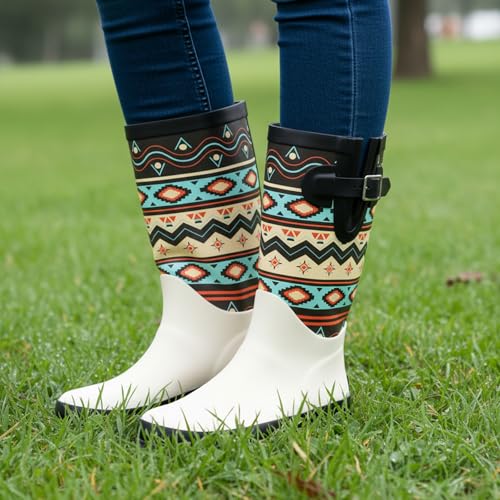 landchief Rain Boots for Women, Waterproof Ladies Tall Knee High Rubber boots,Comfort Garden Boots Anti-Slip Mid Heel Women Rain Shoes Outdoor, Ivory Boho, US 6 — view 3