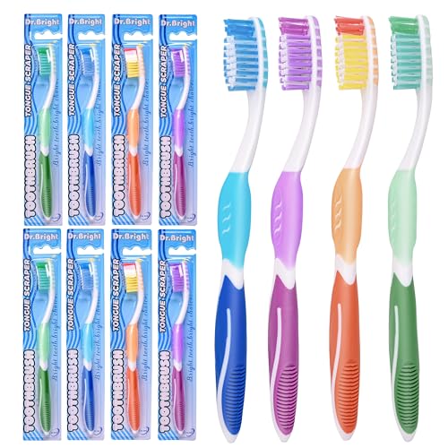Image of DR.BRIGHT Toothbrush Medium Adults, Medium Toothbrushes for Adults with Tongue Scraper, Travel Toothbrushes with Ergonomic Handle, Assorted Colors, 8 Pack