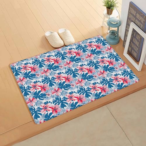 Tropical Floral Antifatigue Kitchen Bath Door Mat Cushioned Runner Rug,Washable Welcome Floor Sink Mat,Waterproof & Non-Slip Kitchen Standing Doormat,Blue Palm Leaves Red Countryside Flower 18