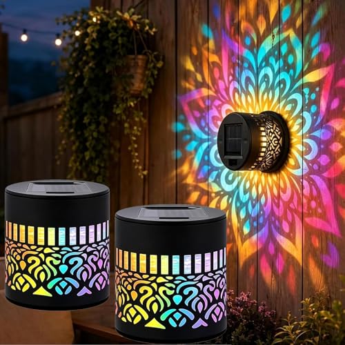 Solar Mandala Wall Lights Seven-Color Changing Ip65 Waterproof Auto Mandala Solar Fence Lights Decorative Outdoor Garden Fence Projector Lamp Colorful Light2PCS