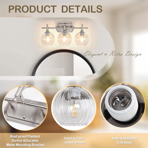 Image of Bathroom Vanity Light Brushed Nickel Bathroom Light Fixtures with Clear Glass Shade Hardwired E26 Base(Max 60W) Chrome Modern 3-Light Vanity Lights