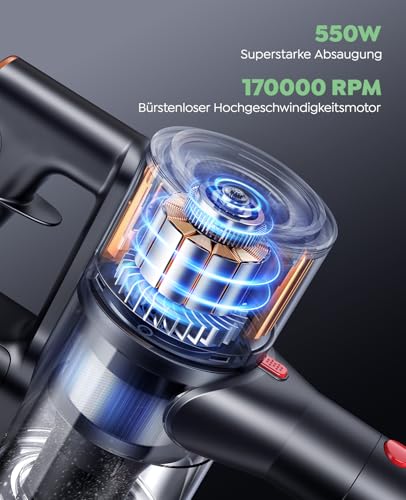 Akku Staubsauger Kabellos 550W/45000Pa/60min Laufzeit, Kabelloser Staubsauger mit Ladestation, Leichter Freistehend Akkustaubsauger, Super Leise Akkusauger für Hartböden Teppiche Tierhaare