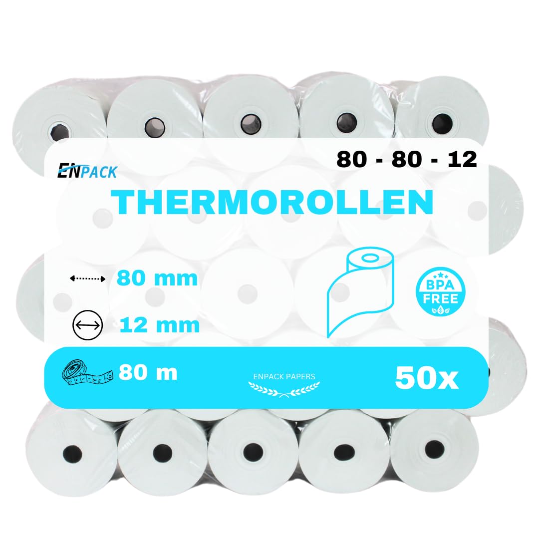 Enpack Thermorollen 80mm x 80m x 12 mm -Thermopapier - Bonrollen/Kassenrollen-BPA Frei - POS-Terminal - für alle gängigen Kassen-Bondrucker - Registrierkasse (80x80x12-80 Meter - 50 Rollen)