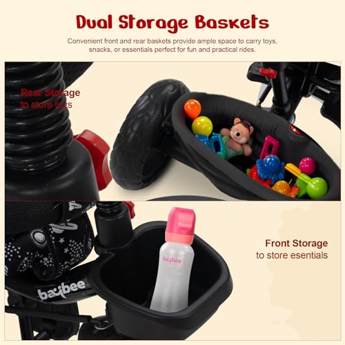 Image of Baybee 2 in 1 Baby Tricycle for Kids | Smart Balance Baby Trikes with Parental Handle, Cushion Seat, Safety Guardrail & Dual Storage | Kids Cycle for 2-5 Years Boy Girl (Tovino Black)