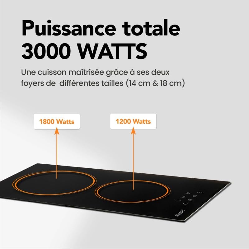 BELDEKO Plaque Vitrocéramique 2 Foyers Extra Plate Encastrable 3000W Commandes Tactiles Minuteur Sécurité Enfant