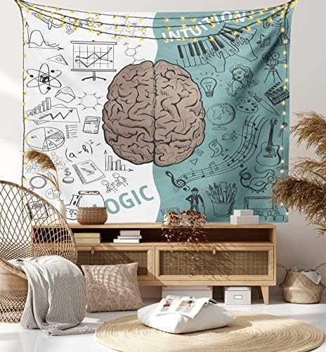 Ambesonne Modern Tapestry, Brain Image Left and Right Music Logic Art Side Science Print, Wall Hanging for Bedroom Living Room Dorm Decor, 40" X 60", White Teal Umber