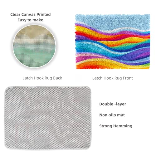 Image of DIY Latch Hook Kit Rug for Adults Rainbow Waves Graphic Pre-Printed Handmade Carpet Crochet Yarn Craft Hook and Latch Door Mat Tapestry Home Floor Decor 52x38cm-2