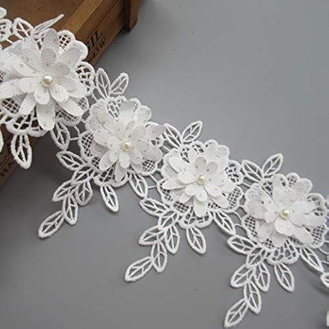 1 Meter 3-layer Flower With Pearl Beads Buds Leaves Fringed Lace Edge Trim Ribbon 6.3×10.2cm Vintage Style White Flower Fabric Edging Trimmings Embroidered Applique Sewing Craft Wedding Bridal Dress Cover