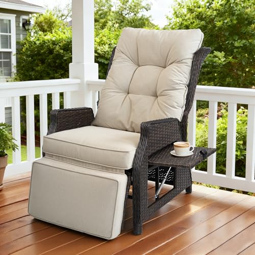 COMLAX FIELD Outdoor Indoor Wicker Recliner with Adjustable Back and Footrest, Patio Reclining Chair with Flip-up Table, Outdoor Rattan Lounge Chair, Beige