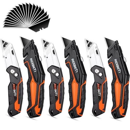Image of REXBETI Box Cutter 6-Pack, Utility Knife with Blade Storage, 44 Blades | Folding Utility Knife with Push Button, Retractable Box Cutter with Auto-Lock, SK5 Anti-Rust Blades, Quick Change for Packing