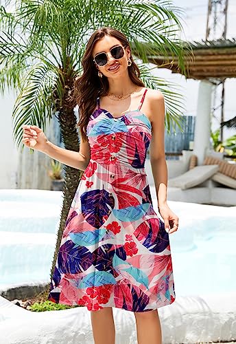 Image of Women's Summer Casual Dress Florals Buttons Down Ruched Sweetheart Neck Sleeveless Midi Sundress
