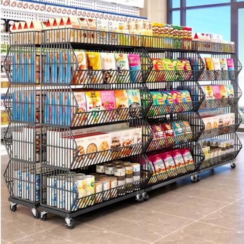 Rolling Metal Wire Basket Cart, Black Shelf Rack for Office & Kitchen, Inclined Pantry Storage, 90x45x140cm - Convenient Store Display & Organization Solution