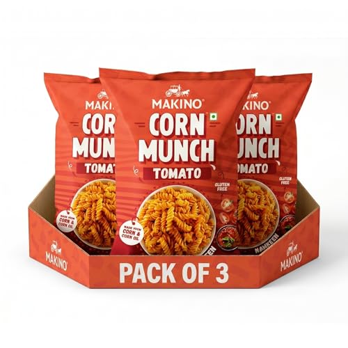 Image of Makino Corn Munch Tomato Flavour Snacks, Ready to Eat, 150g (Pack of 3) - First Time in India | Tangy & Refreshing Flavour, Everyone's Favourite Snack For All Occasions | No MSG, Non-GMO Corn, Zero Trans Fat, Gluten Free