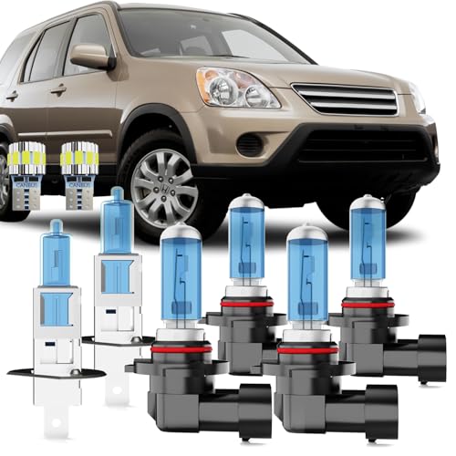 Image of Halogen Headlight Bulb Compatible With Honda CR-V 2005-2006, H1 H1 High Low Beam + 9006 Fog Lights + License Plate Lights, 6000K White, Plug And Play, Pack of 8