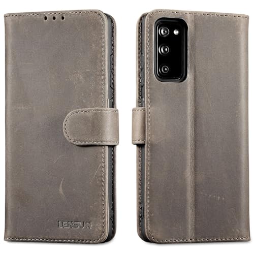 LENSUN Lederhülle für Samsung Galaxy S20 FE, Echtleder Hülle [Bookstyle][RFID Blocker][Echtes Leder] Handyhülle Handytasche für Samsung S20 FE 4G/5G - Graubraun