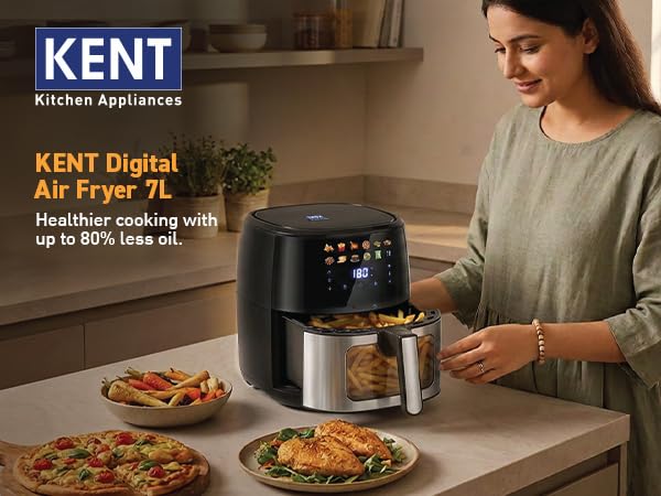 Image of KENT Digital Air Fryer 7L | 1500W | Bake, Grill & Roast | Up to 80% Less Oil Usage | 12 Preset Menu | Digital Display & Touch Control Panel | Glass Window with in built Light | Auto Cut-Off | Silver