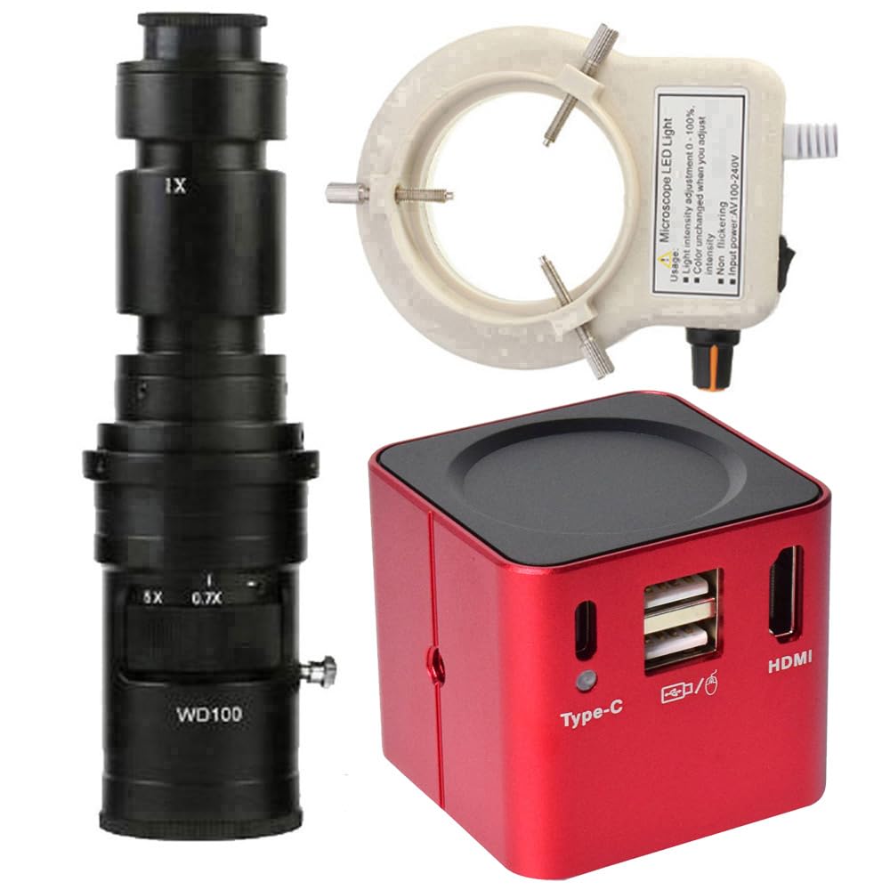 1080p HDMI Type-C PC Microscopio Industrial Medición de la cámara Regalización de Video de Disco U y Lente de Montura C 500X con luz de Anillo Ajustable 56 LED