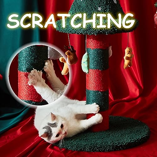 LUCKITTY Cat Scratching Post with 4 Hanging Plush Toy - Christmas Tree Alternative Give Your Cat a Toy and Scratching Post in One with This Ultimate Tree 30 * 15 Inch Red Green