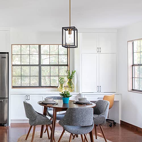 Image of 1-Light Mini Lantern Pendant Light,Black and Brushed Brass Finish Farmhouse Chandelier with Clear Glass Shade Foyer Cage Hanging Ceiling Lighting for Kitchen Island Dining Room Entryway