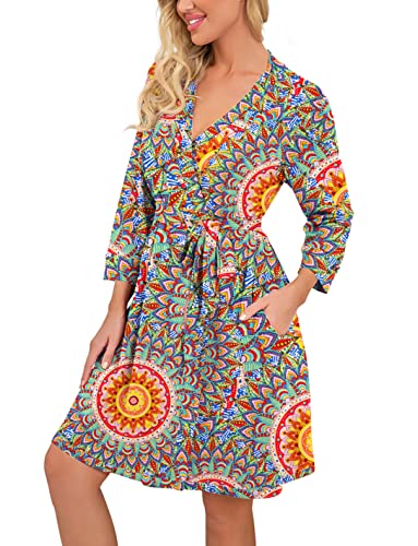 Image of PrinStory Robes for Women Short Knit Bathrobe S-2XL | 3 /4 Sleeve Bathrobes with Pockets, Stretchy and Lightweight Fabric, Inner Tie and Fixed Outer Belt, Mid Thigh Length