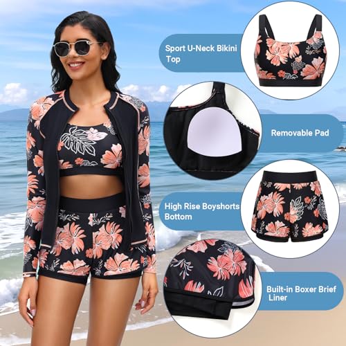 3 Piece Rash Guard for Women - Long Sleeve Swimsuits with Shorts SPF Zip up Swim Shirt with Built in Bra3