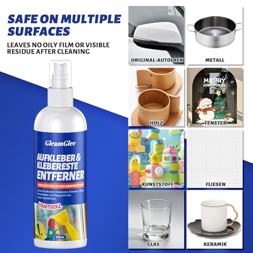 Klebstoffentferner Spray 150 ml – Profi Klebereste & Etikettenentferner für Aufkleber, Silikon, Fett, Harz & Wachsrückstände – Geeignet für Glas, Metall, Kunststoff, Holz – mit Schaber