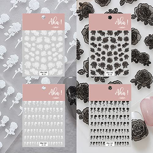 Flower Nail Art Sticker Decals 3D Self-Adhesive Nail Design Fashion Charm White Flowers Black And White Rose Nails Tips Diy Toenails Nail Tattoos For Women Girls Manicure Nail Decorations 4 Sheets #TOP1