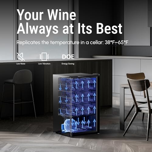 Image of Yeego Wine Fridge, 34 Bottles Wine Cooler Refrigerator, 38-65℉ Freestanding Mini Fridge with Digital Temperature Control & Double-layer Glass Door & Blue Ambient Lights for Home, Kitchen, Office, Dorm