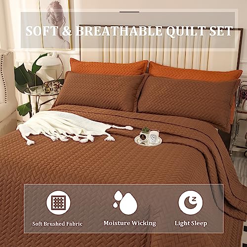 Ofixi Oversized King Plus 128"X120" Quilt Set 3 Pieces Extra Large King Size Bedspreads Lightweight Summer Comforter Reversible Coverlet Bed Cover For All Season, Brown #TOP2