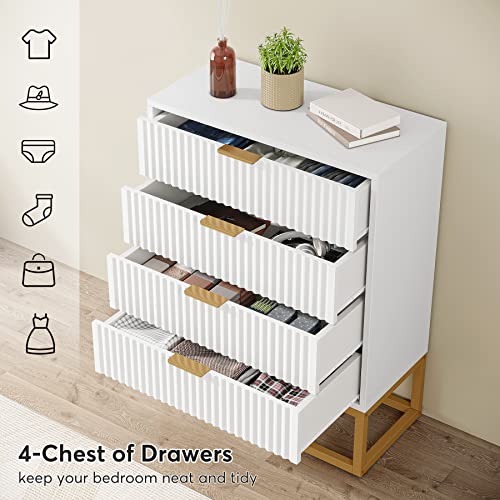 Tribesigns 4 Drawers Dresser, Modern Dressers For Bedroom, White Gold Dresser With Fluted Panel And Metal Frame, Wood Storage Chest Of Drawers For Kids Bedroom, Nursery, Closet(1Pcs) #TOP4