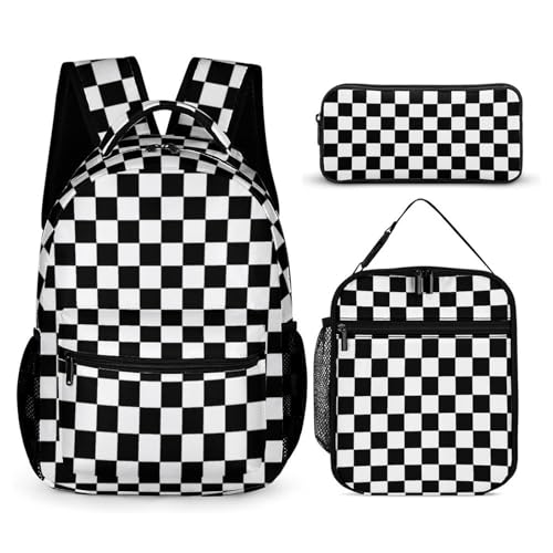 Colorful Multi Pocket Backpack Set School Bookbag with Lunch Bag Lightweight Pencil Case Pouch Bag (Checkered, One Size)