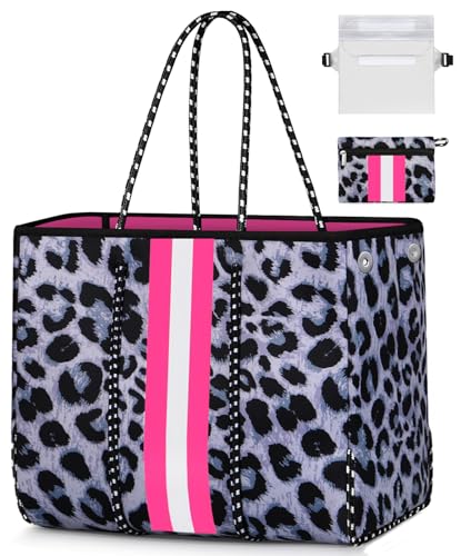 IBFUN Neoprene Bag, Large Multipurpose Beach Bag Neoprene Tote Bag with Inner Pocket for Women/Pool(Purple Leopard)